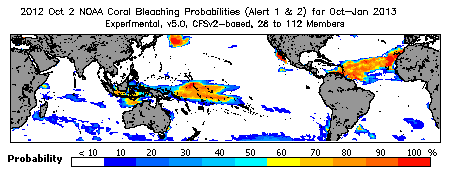 Current Bleaching Heat Stress Outlook Probability - Alert Levels 1 and 2