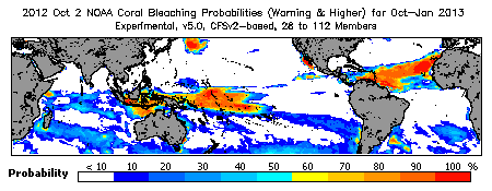 Current Bleaching Heat Stress Outlook Probability - Warning and higher