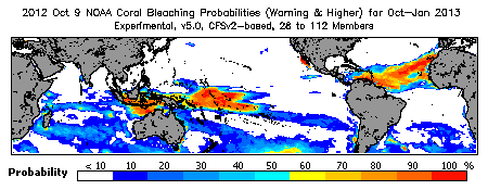 Current Bleaching Heat Stress Outlook Probability - Warning and higher