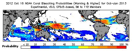 Current Bleaching Heat Stress Outlook Probability - Warning and higher