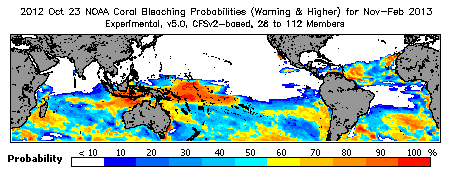 Current Bleaching Heat Stress Outlook Probability - Warning and higher