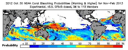 Current Bleaching Heat Stress Outlook Probability - Warning and higher