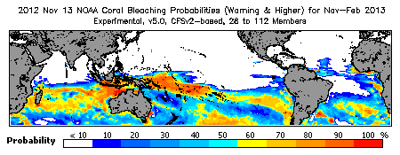 Current Bleaching Heat Stress Outlook Probability - Warning and higher