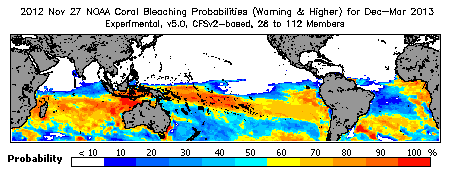 Current Bleaching Heat Stress Outlook Probability - Warning and higher