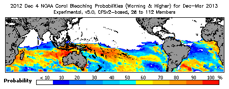 Current Bleaching Heat Stress Outlook Probability - Warning and higher