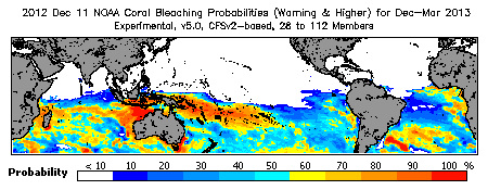 Current Bleaching Heat Stress Outlook Probability - Warning and higher