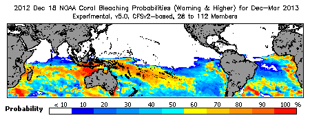 Current Bleaching Heat Stress Outlook Probability - Warning and higher