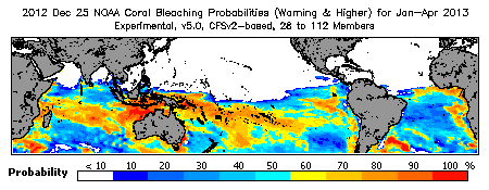 Current Bleaching Heat Stress Outlook Probability - Warning and higher