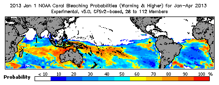 Current Bleaching Heat Stress Outlook Probability - Warning and higher