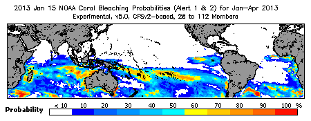 Current Bleaching Heat Stress Outlook Probability - Alert Levels 1 and 2