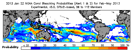 Current Bleaching Heat Stress Outlook Probability - Alert Levels 1 and 2