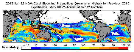 Current Bleaching Heat Stress Outlook Probability - Warning and higher