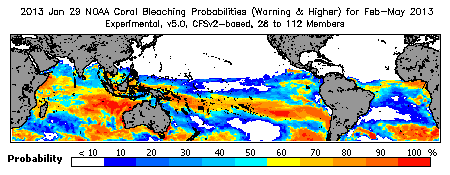 Current Bleaching Heat Stress Outlook Probability - Warning and higher