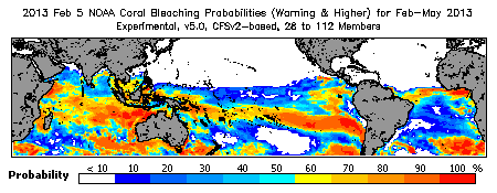 Current Bleaching Heat Stress Outlook Probability - Warning and higher