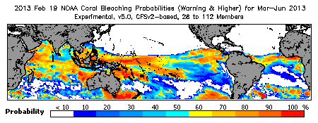 Current Bleaching Heat Stress Outlook Probability - Warning and higher