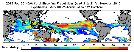 Current Bleaching Heat Stress Outlook Probability - Alert Levels 1 and 2