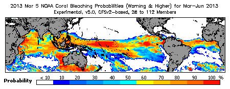 Current Bleaching Heat Stress Outlook Probability - Warning and higher