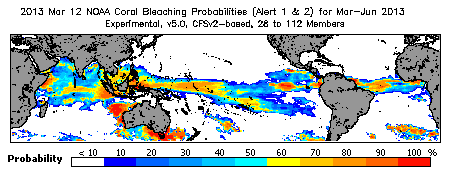 Current Bleaching Heat Stress Outlook Probability - Alert Levels 1 and 2