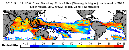 Current Bleaching Heat Stress Outlook Probability - Warning and higher