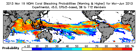 Current Bleaching Heat Stress Outlook Probability - Warning and higher