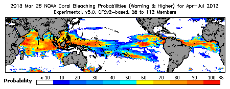 Current Bleaching Heat Stress Outlook Probability - Warning and higher