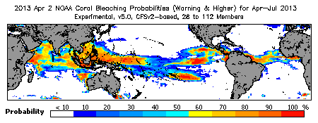 Current Bleaching Heat Stress Outlook Probability - Warning and higher