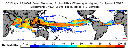 Current Bleaching Heat Stress Outlook Probability - Warning and higher