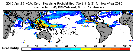 Current Bleaching Heat Stress Outlook Probability - Alert Levels 1 and 2