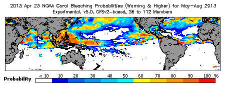 Current Bleaching Heat Stress Outlook Probability - Warning and higher