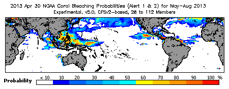 Current Bleaching Heat Stress Outlook Probability - Alert Levels 1 and 2