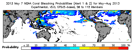 Current Bleaching Heat Stress Outlook Probability - Alert Levels 1 and 2