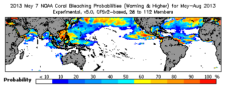 Current Bleaching Heat Stress Outlook Probability - Warning and higher