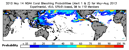 Current Bleaching Heat Stress Outlook Probability - Alert Levels 1 and 2