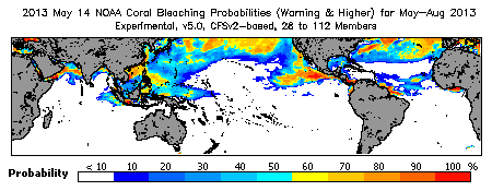 Current Bleaching Heat Stress Outlook Probability - Warning and higher