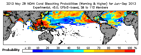 Current Bleaching Heat Stress Outlook Probability - Warning and higher