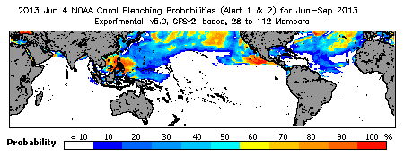 Current Bleaching Heat Stress Outlook Probability - Alert Levels 1 and 2