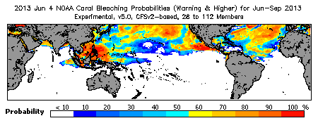 Current Bleaching Heat Stress Outlook Probability - Warning and higher