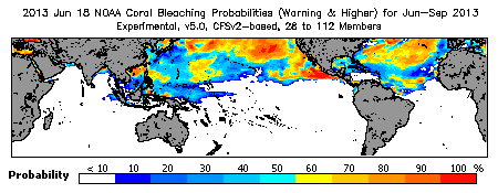 Current Bleaching Heat Stress Outlook Probability - Warning and higher