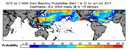 Current Bleaching Heat Stress Outlook Probability - Alert Levels 1 and 2