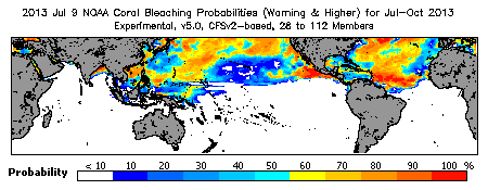 Current Bleaching Heat Stress Outlook Probability - Warning and higher