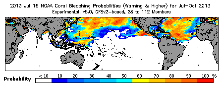 Current Bleaching Heat Stress Outlook Probability - Warning and higher