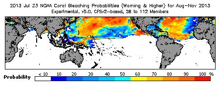 Current Bleaching Heat Stress Outlook Probability - Warning and higher