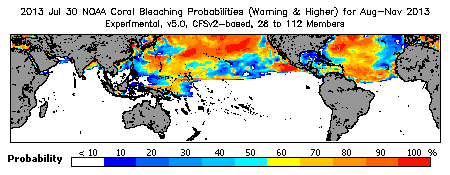 Current Bleaching Heat Stress Outlook Probability - Warning and higher