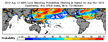 Current Bleaching Heat Stress Outlook Probability - Warning and higher