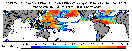 Current Bleaching Heat Stress Outlook Probability - Warning and higher