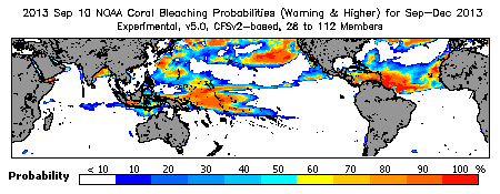 Current Bleaching Heat Stress Outlook Probability - Warning and higher