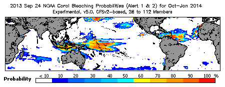 Current Bleaching Heat Stress Outlook Probability - Alert Levels 1 and 2