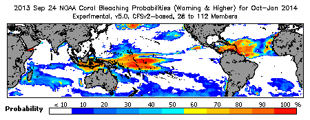 Current Bleaching Heat Stress Outlook Probability - Warning and higher