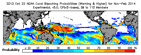 Current Bleaching Heat Stress Outlook Probability - Warning and higher