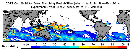 Current Bleaching Heat Stress Outlook Probability - Alert Levels 1 and 2